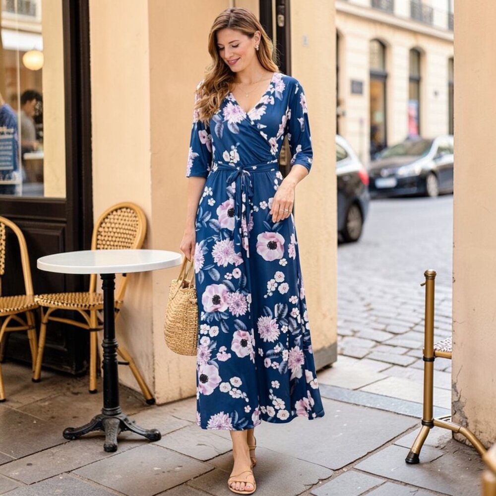 Women's Floral Wrap V Neck Maxi Dress Tie Waist Blue 1/2 Sleeves Size M - Picture 3 of 7